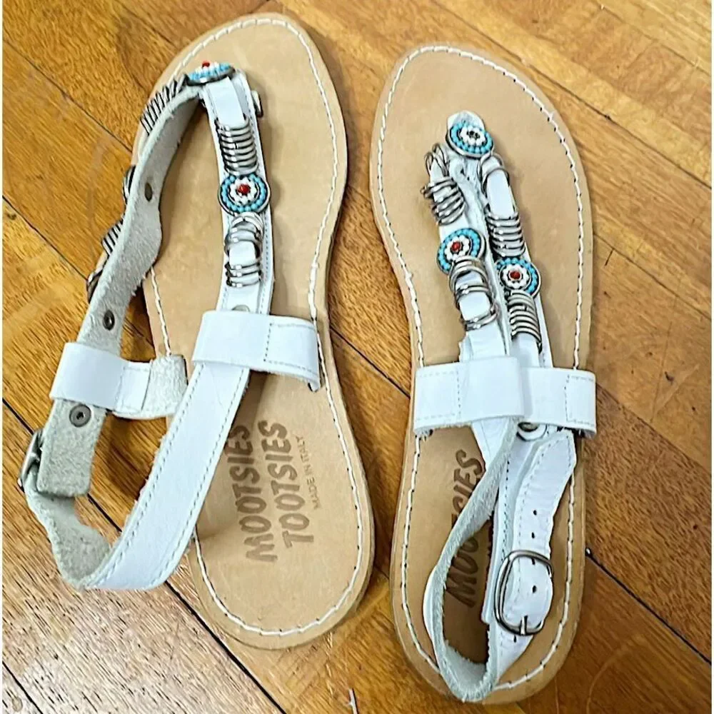 Mootsies Tootsies White All Leather Boho Beaded Sandals Size 8